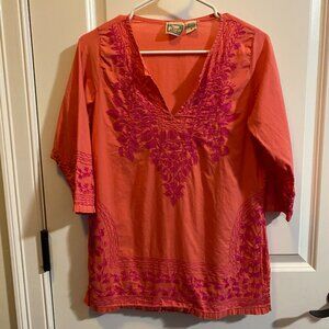 Kushi 100% Cotton 3/4 Sleeve Embroidered Lightweight Top